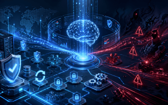 AI-genererad bild av cybersäkerhet och digitala hot. Bilden föreställer en blå hjärna omgiven av diverse symboler, som blå lås och röda varningstrianglar.